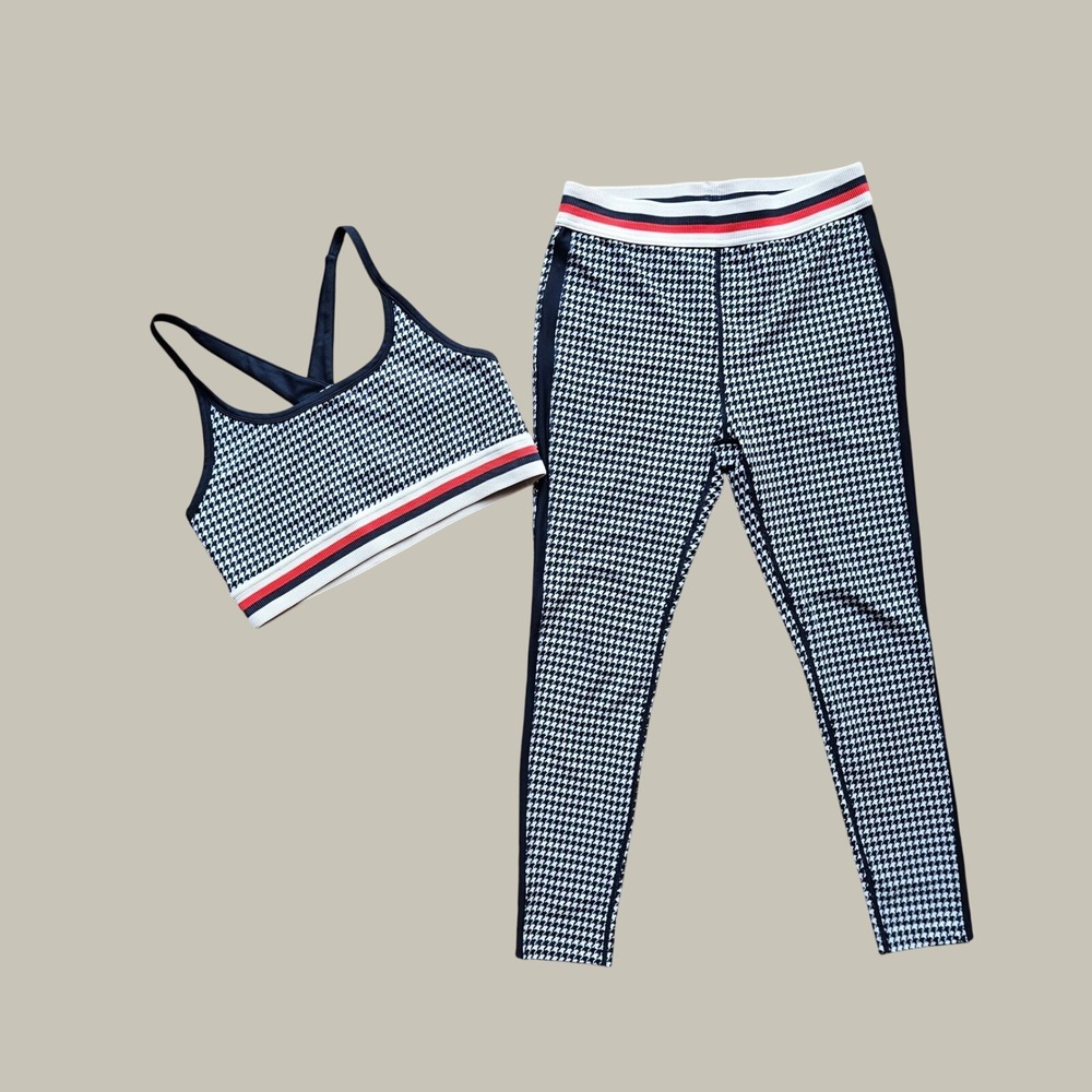 Splits59 Womens Houndstooth Activewear Set XL Bra L Leggings Navy White Red